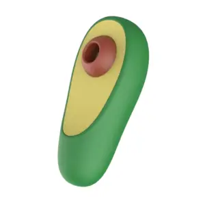 Front-on shot of the 10-Mode Sucking Vibrator Avocado-Brunch Date, showing its central brown suction cup set into a bright yellow “flesh” panel framed by a green “skin” exterior. This minimalist, avocado-shaped vibrator emphasizes its discreet form factor and intuitive single-button control for precise clitoral sucking stimulation across ten intensity levels.