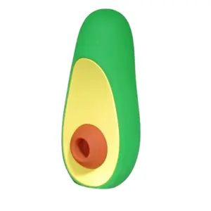 Angled view of the 10-Mode Sucking Vibrator Avocado-Brunch Date, styled like a half avocado with a green matte outer shell, golden-yellow inner panel, and brown silicone suction nozzle. The ergonomic silhouette and smooth curves highlight its playful brunch-inspired design and streamlined housing for ten adjustable suction modes.