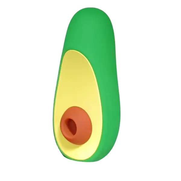 Angled view of the 10-Mode Sucking Vibrator Avocado-Brunch Date, styled like a half avocado with a green matte outer shell, golden-yellow inner panel, and brown silicone suction nozzle. The ergonomic silhouette and smooth curves highlight its playful brunch-inspired design and streamlined housing for ten adjustable suction modes.