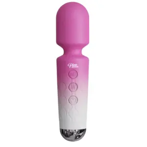 Massager Wand for Women – HerGlow shown in a pink-to-white gradient design with the Pink Zoom logo and three raised control buttons on a textured grip.