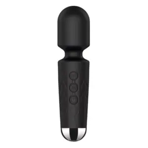 The HerGlow Massager Wand for Women in matte black offering a discreet, stylish look with silicone body, chrome base, and raised control icons.