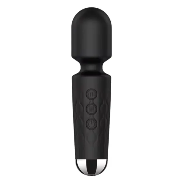 The HerGlow Massager Wand for Women in matte black offering a discreet, stylish look with silicone body, chrome base, and raised control icons.