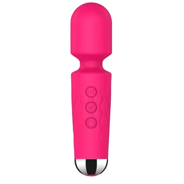 Massager Wand for Women – HerGlow in bold pink featuring a sleek silicone finish, metallic chrome base, and raised vibration control buttons.