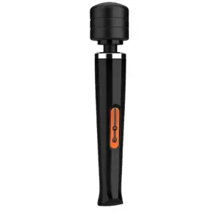 Strong Rechargeable Wand Vibrator – Powrette in sleek black with a ridged silicone head and orange control buttons along the handle for easy operation.