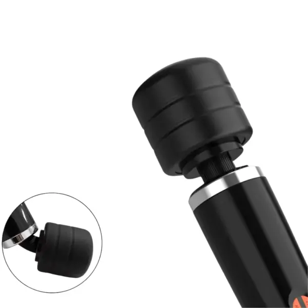 Detailed view of the Powrette wand vibrator’s thick, flexible head with ribbed texture and an inset showing its bendable neck for targeted pressure.