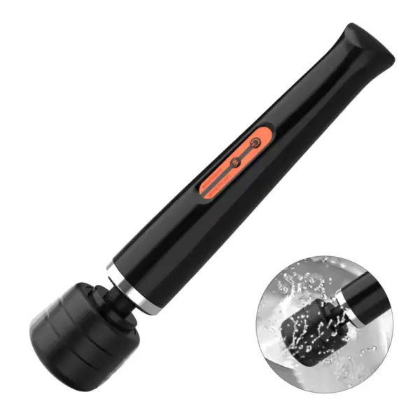 Strong Rechargeable Wand Vibrator – Powrette shown on its side with splash effects and a close-up of the head submerged in water, indicating water resistance.