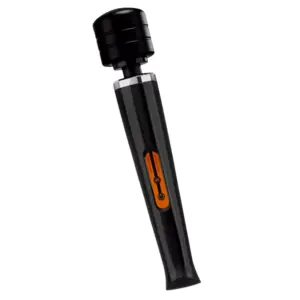 Angled view of the Powrette wand vibrator in glossy black, featuring a contoured handle and bright orange buttons for mode and power control.
