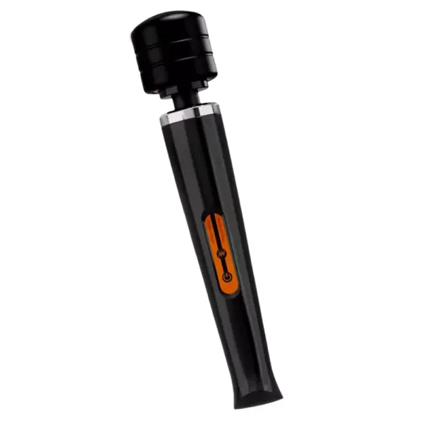 Angled view of the Powrette wand vibrator in glossy black, featuring a contoured handle and bright orange buttons for mode and power control.