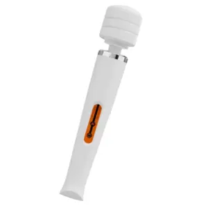 Strong Rechargeable Wand Vibrator – Powrette shown in white with a matching head and the same bold orange control panel for high-contrast visibility.