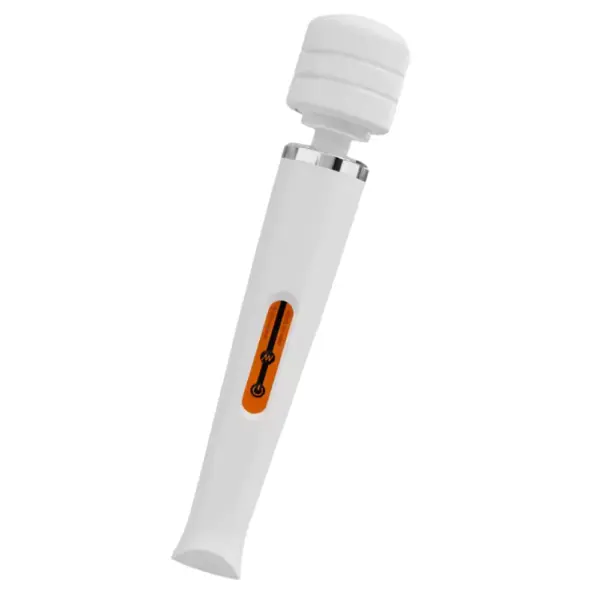 Strong Rechargeable Wand Vibrator – Powrette shown in white with a matching head and the same bold orange control panel for high-contrast visibility.