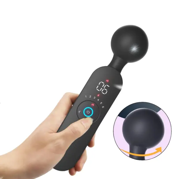 Hand holding the Wand Massager Vibrator – Wanda mid-use, with inset showing rotating head functionality and responsive touch controls.