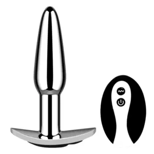 Vibrating Butt Plug – VibPlug shown upright in polished stainless steel finish alongside a black and white wireless remote with power and vibration buttons.
