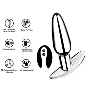 Vibrating Butt Plug – VibPlug pictured next to its remote and icons highlighting key features like 10 vibration modes, waterproof design, and body-safe metal material.