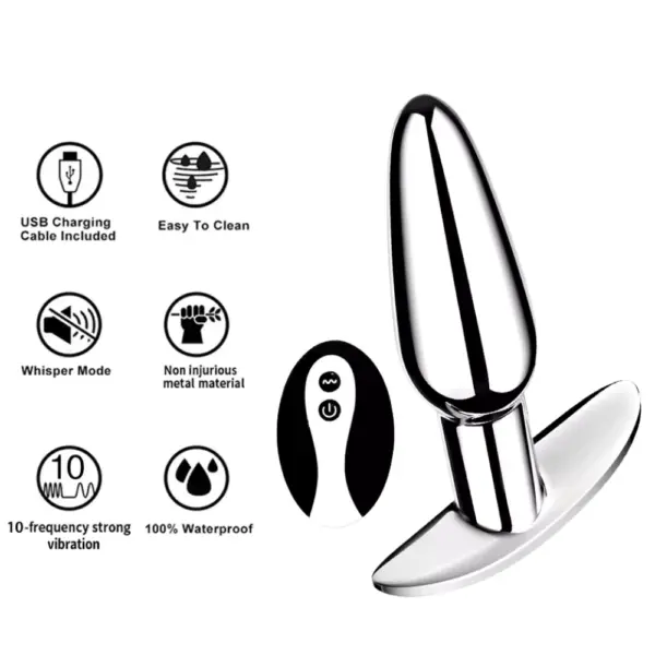 Vibrating Butt Plug – VibPlug pictured next to its remote and icons highlighting key features like 10 vibration modes, waterproof design, and body-safe metal material.