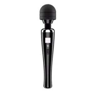 A black Extra Large Magic Wand – Magic Thunder shown upright, featuring a rounded silicone head, sleek handle, and built-in control dial with display screen.