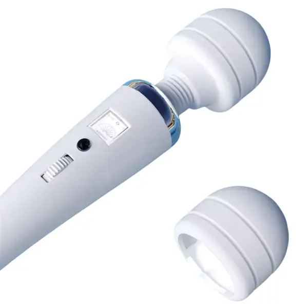The white Extra Large Magic Wand – Magic Thunder shown with its silicone head partially removed, highlighting the flexible joint and gold trim detail.