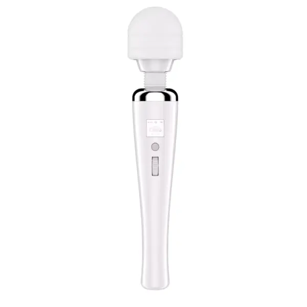 A white Extra Large Magic Wand – Magic Thunder standing upright with a rounded silicone head, chrome accent, and textured control slider for intensity adjustment.