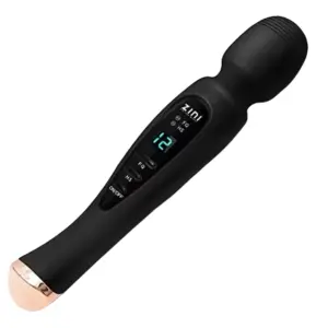 Full Size Wand Vibrator-the Muse in sleek midnight black, shown at an angle to highlight its large, ribbed silicone massage head and streamlined aluminum handle. The integrated LCD display reads “12” alongside FQ and HS mode icons, while the on/off and intensity buttons sit within easy thumb reach.