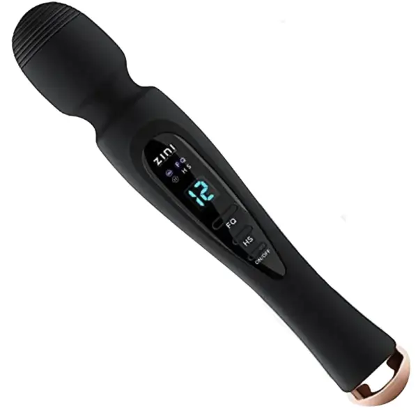 Close-up of the Full Size Wand Vibrator-the Muse’s handle in black, focusing on the backlit digital display with numeric intensity readout and labeled FQ/HS mode indicators. Below the screen are three tactile buttons—plus, mode toggle, and minus—for intuitive control of both frequency and heating settings.