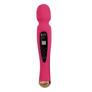 Full Size Wand Vibrator-the Muse in rosé pink shown head-on, featuring a soft silicone massage head and central vertical control panel with embossed power and mode buttons. The slender handle ends in a metallic rose-gold cap, combining playful color with premium detailing.