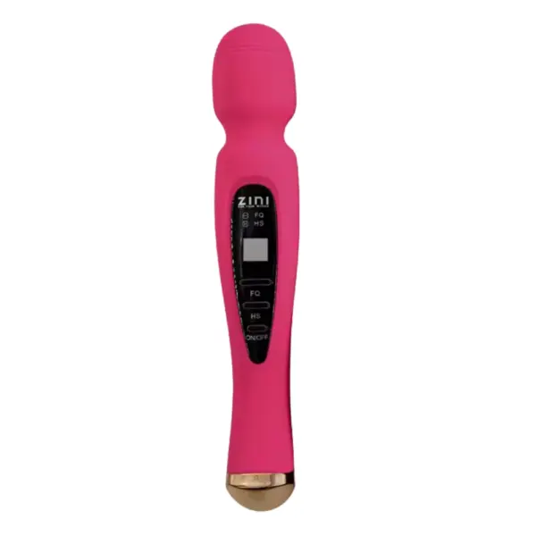 Full Size Wand Vibrator-the Muse in rosé pink shown head-on, featuring a soft silicone massage head and central vertical control panel with embossed power and mode buttons. The slender handle ends in a metallic rose-gold cap, combining playful color with premium detailing.