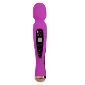 Front-facing view of the Full Size Wand Vibrator-the Muse in lavender purple, highlighting its seamless silicone covering and clear digital interface. The monochrome finish and minimalist button layout create a modern, statement-making wand design.
