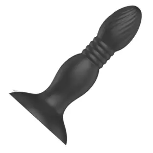 A sleek black Thrusting Butt Plug – Vibrato with a ribbed neck, tapered textured tip, and flared suction base designed for hands-free use and secure placement.