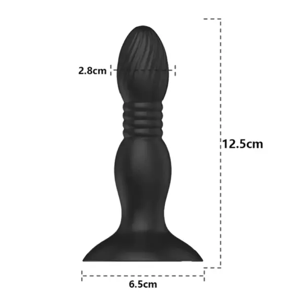 Front view of the Thrusting Butt Plug – Vibrato with measurements labeled: 12.5 cm in total length, 2.8 cm tip width, and 6.5 cm wide base for size reference.