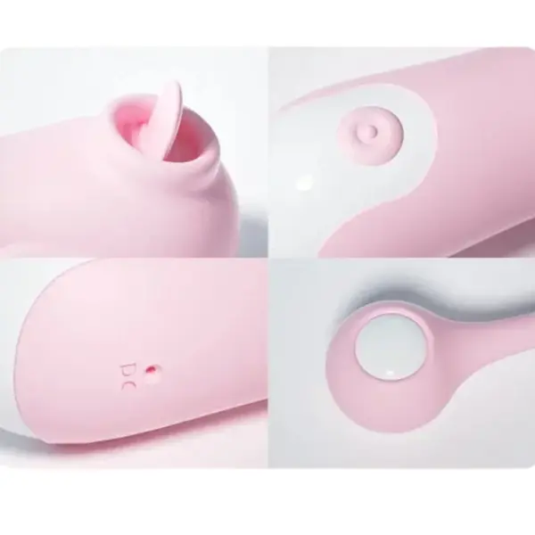 Vibrating Love Egg – VivaEgg shown in close-up views of its flapping tongue, control button, charging port, and smooth remote bulb for detailed product texture.