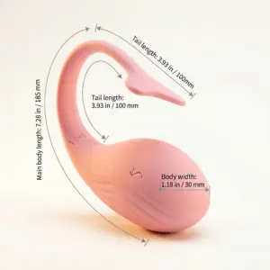 the DuoDrop egg vibrator with dimensions displayed on mm and inches for scale