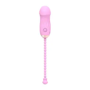 Full-length view of the Remote Control Love Egg-Luxe Pebble in blush pink, emphasizing the elongated ridged retrieval cord and streamlined pebble shape. The soft silicone construction and single-button remote control make it ideal for comfortable, hands-free stimulation.