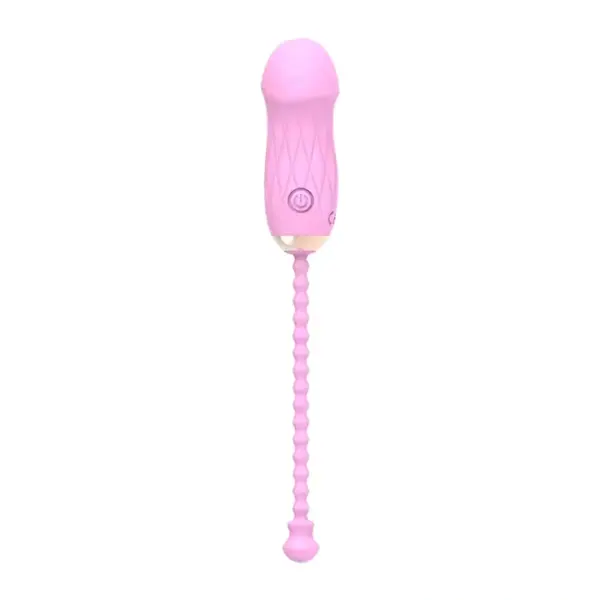 Full-length view of the Remote Control Love Egg-Luxe Pebble in blush pink, emphasizing the elongated ridged retrieval cord and streamlined pebble shape. The soft silicone construction and single-button remote control make it ideal for comfortable, hands-free stimulation.