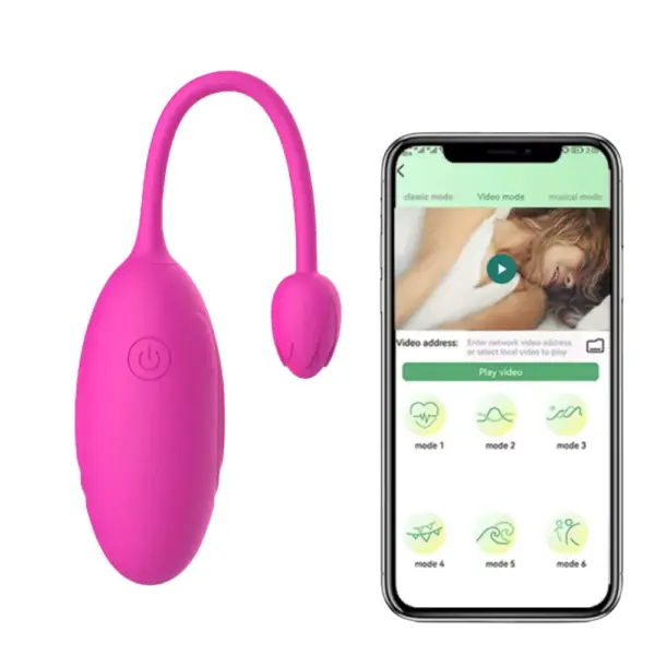 Vibrating Egg Sex Toy – Velvett paired with a smartphone displaying the compatible app, showing multiple vibration modes for remote control use.