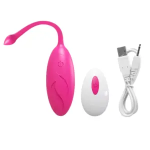 The Wireless Egg Vibrator – Whisper in vibrant pink displayed next to its white remote control and USB charger, available in multiple color options.