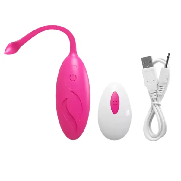 The Wireless Egg Vibrator – Whisper in vibrant pink displayed next to its white remote control and USB charger, available in multiple color options.