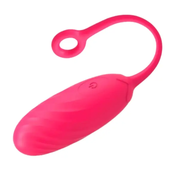 Pink Wireless Egg Vibrator – BlushPop shown on its side, highlighting the curved ridges along the silicone body and integrated power button.