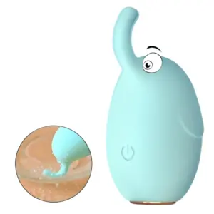 Elephant Shaped Mini Bullet-Trunk Tickle’s flexible silicone trunk tip touches a shallow pool of water, with a zoomed-in droplet inset demonstrating its fully waterproof design. This food-grade silicone nozzle and sealed housing ensure safe, submersible use and easy cleaning.