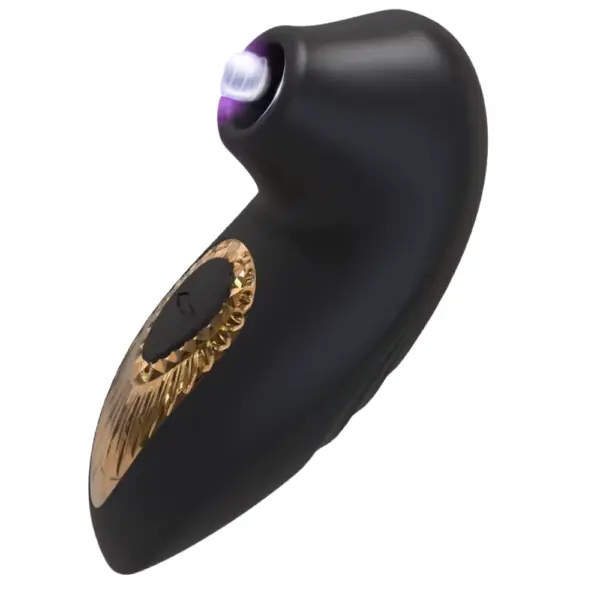 Suction Sex Toy – ThePeacock in matte black featuring a faux pearl detail at the nozzle and ornate gold button design for added elegance.