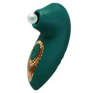 Suction Sex Toy – ThePeacock in emerald green featuring a decorative pearl-like accent at the nozzle and textured gold detailing around the control button.