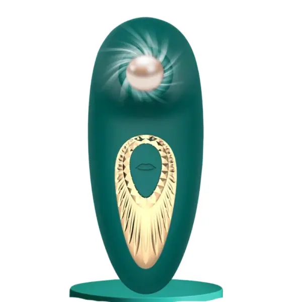 Suction Sex Toy – ThePeacock displayed upright in green with a decorative pearl-like element and a single gold-trimmed button marked with a lips icon.