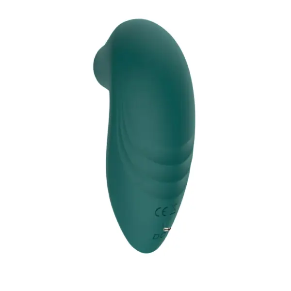 Suction Sex Toy – ThePeacock showing the smooth, curved back in matte green with a visible DC charging port at the base.