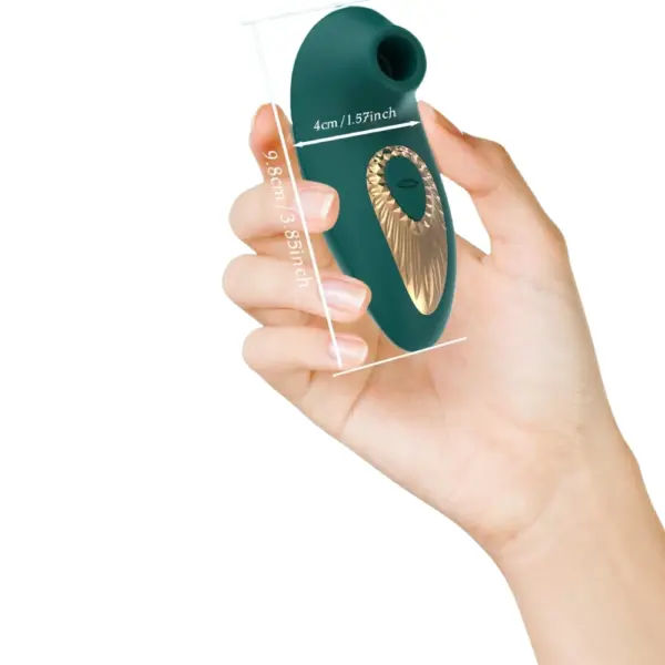 Suction Sex Toy – ThePeacock held in a hand showing scale, with dimensions labeled at 9.8 cm long and 4 cm wide for compact use.