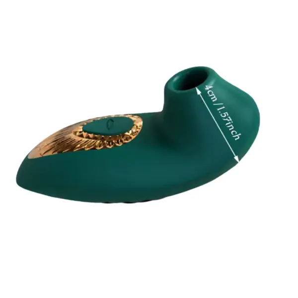 Suction Sex Toy – ThePeacock shown horizontally with a 4 cm wide nozzle, emphasizing the angled head and gold button panel.