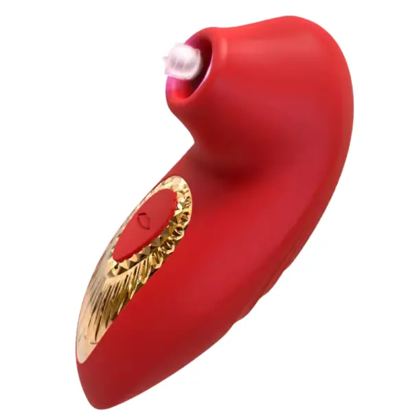 Suction Sex Toy – ThePeacock in deep red featuring the same pearl-like nozzle accent and gold-trimmed control button with lips motif.