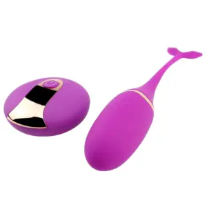 Remote Vibrating Egg Toy – Playette shown in purple with a smooth silicone finish, a slim tail for easy retrieval, and a matching remote with a power button.