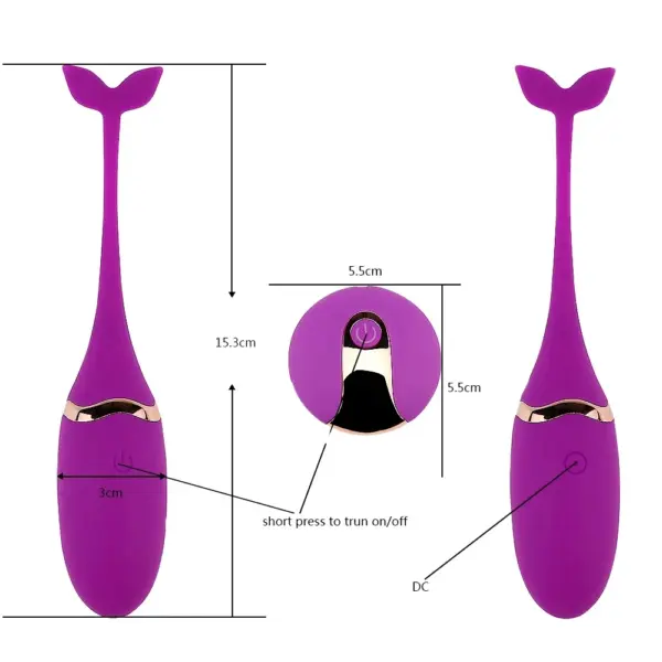 Remote Vibrating Egg Toy – Playette shown with size details of 15.3 cm in length and 3 cm width, alongside a 5.5 cm remote and labeled function guide.