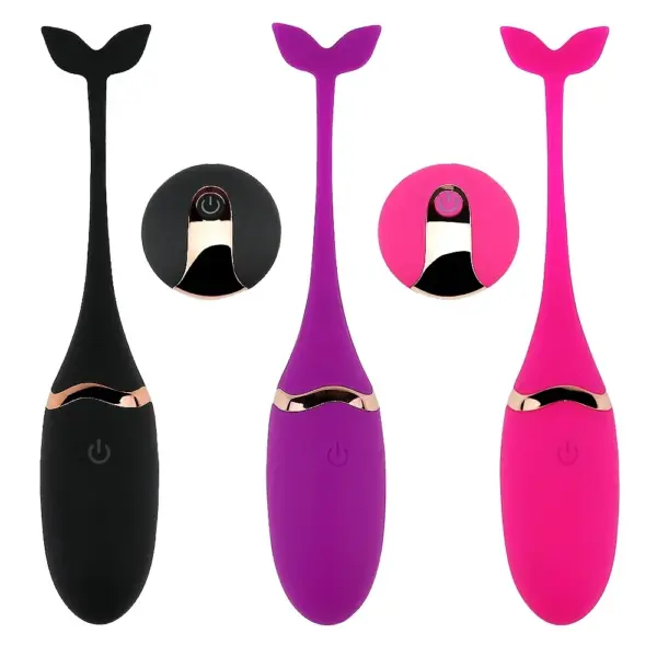 Remote Vibrating Egg Toy – Playette displayed in black, purple, and hot pink colors with coordinating remotes and gold accent bands.