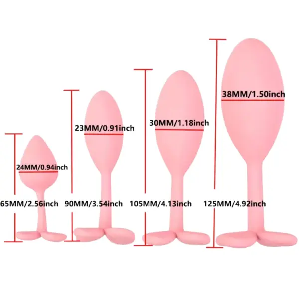 Silicone Butt Plug – SilkiPop shown in five size options ranging from 65mm to 125mm in length with diameters from 24mm to 38mm, labeled in inches and millimeters.