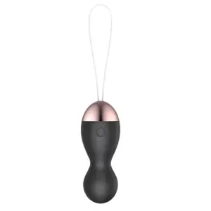 Sleek black version of the Heated Egg Vibrator – WarmBlush, showing a soft-touch finish, rose gold top, and slim cord for discreet retrieval.