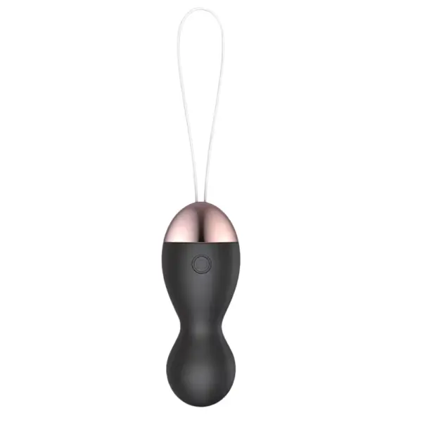 Sleek black version of the Heated Egg Vibrator – WarmBlush, showing a soft-touch finish, rose gold top, and slim cord for discreet retrieval.
